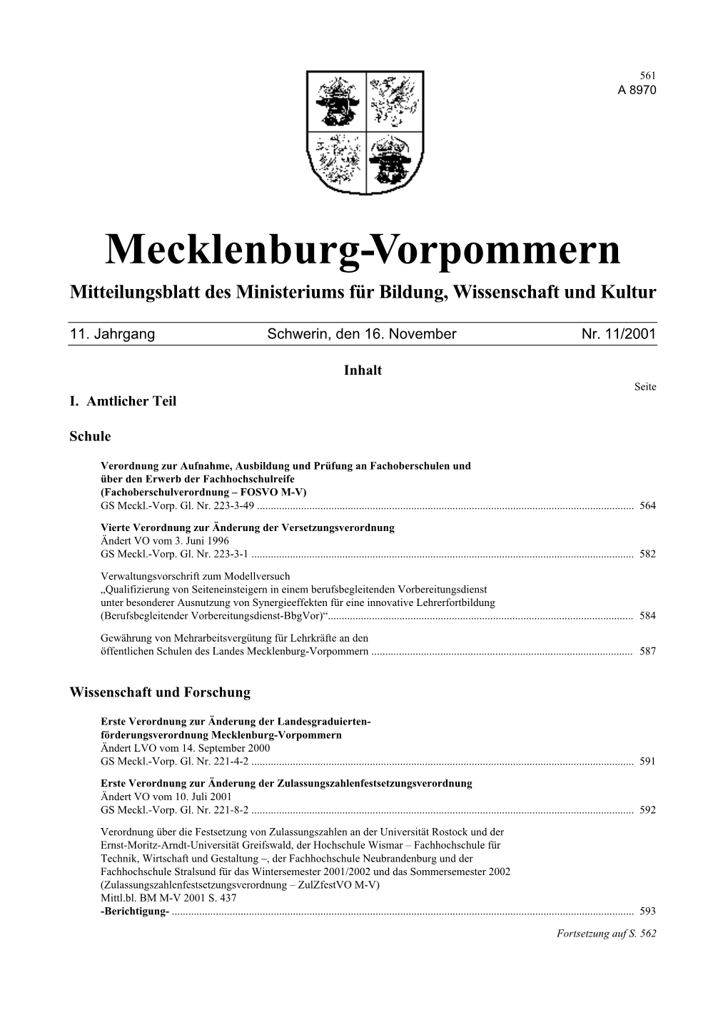 Mecklenburg-Vorpommern Mitteilungsblatt Des Ministeriums Für Bildung, Wissenschaft Und Kultur