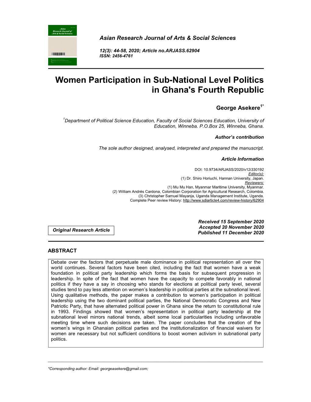 Women Participation in Sub-National Level Politics in Ghana's Fourth Republic