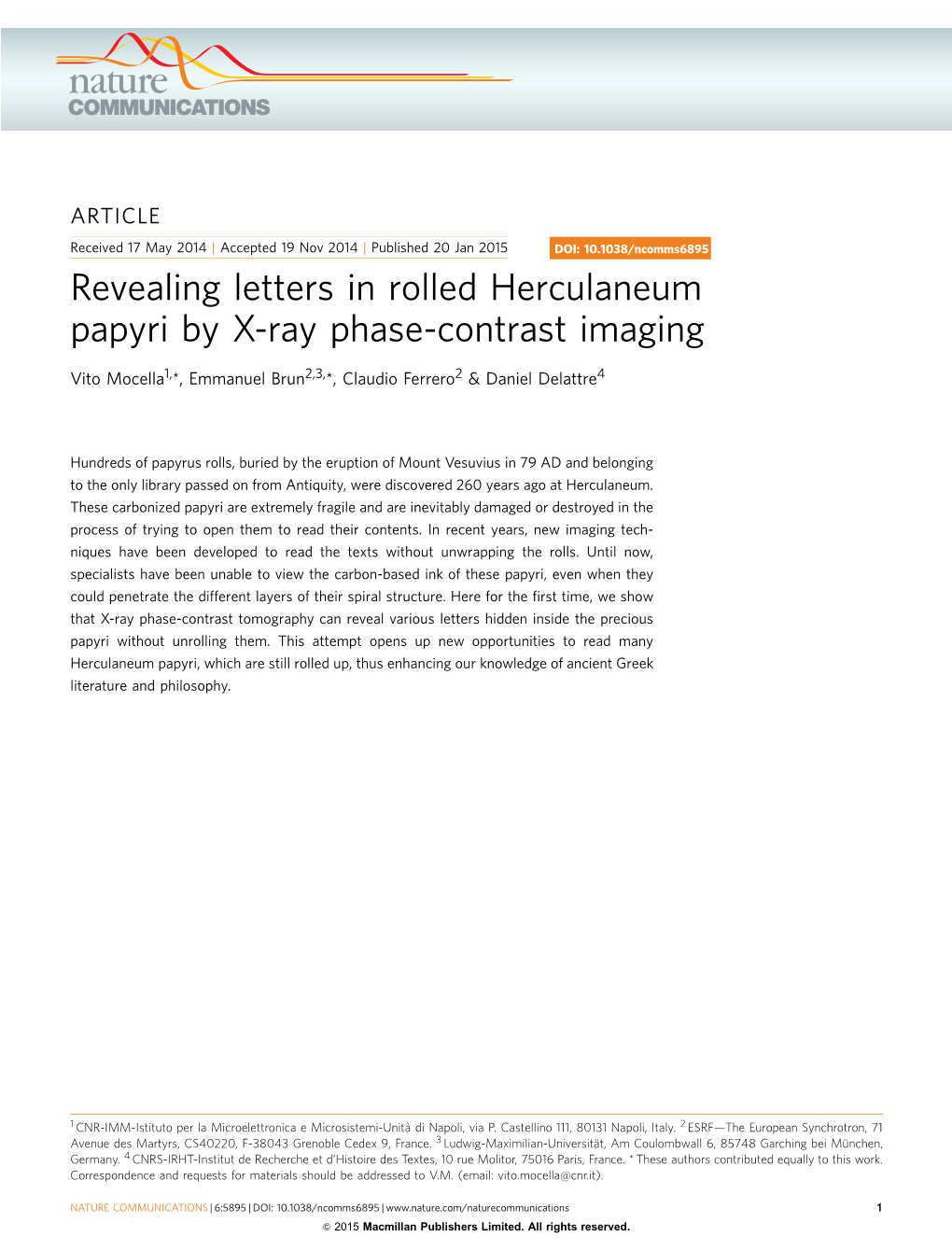 Revealing Letters in Rolled Herculaneum Papyri by X-Ray Phase-Contrast Imaging