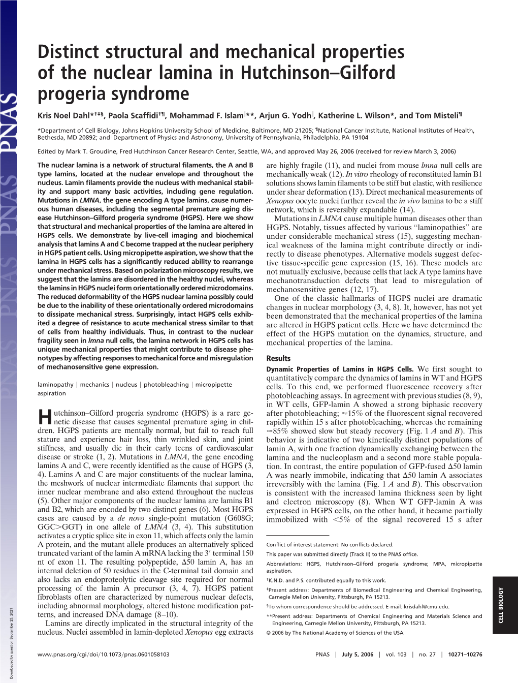 Distinct Structural and Mechanical Properties of the Nuclear Lamina in Hutchinson–Gilford Progeria Syndrome