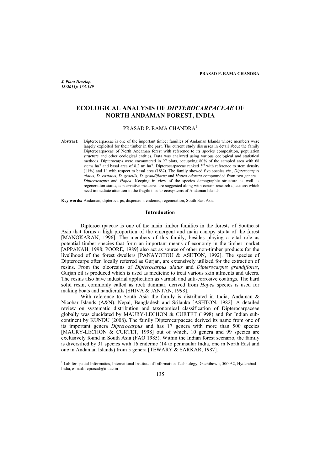 Ecological Analysis of Dipterocarpaceae of North Andaman Forest, India