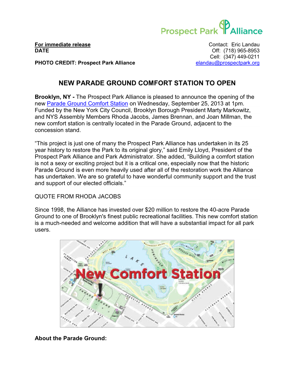 New Parade Ground Comfort Station to Open