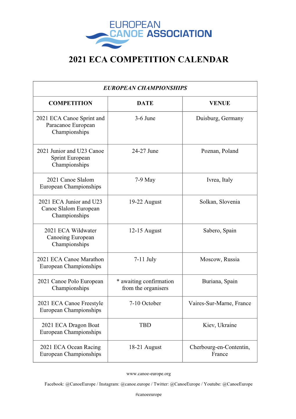 2021 Eca Competition Calendar