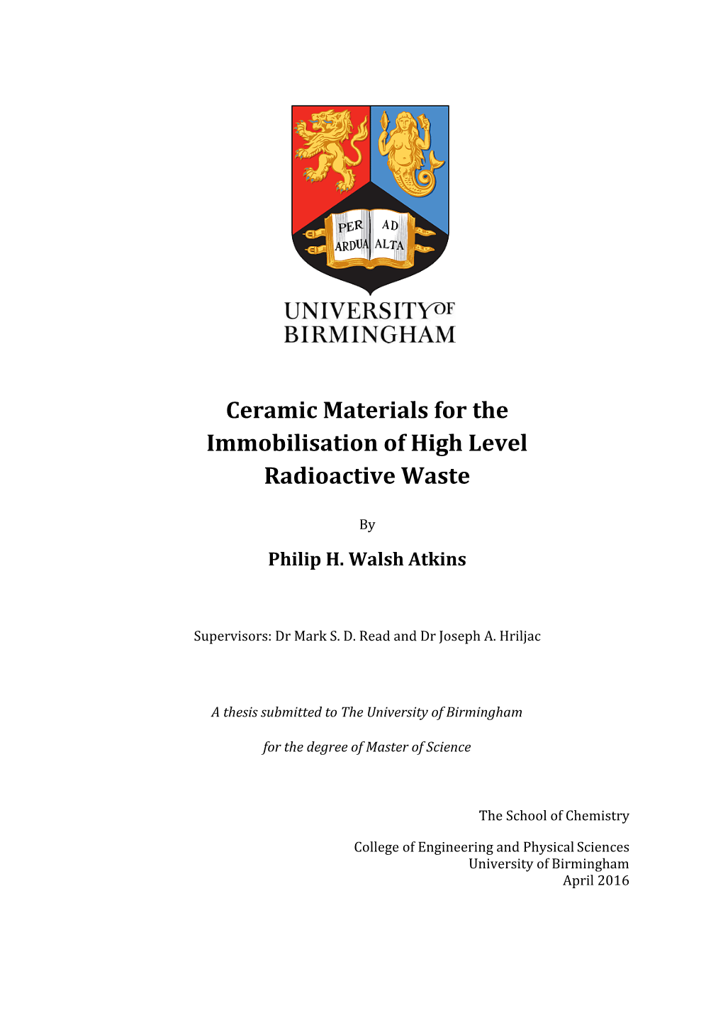 Ceramic Materials for the Immobilisation of High Level Radioactive Waste