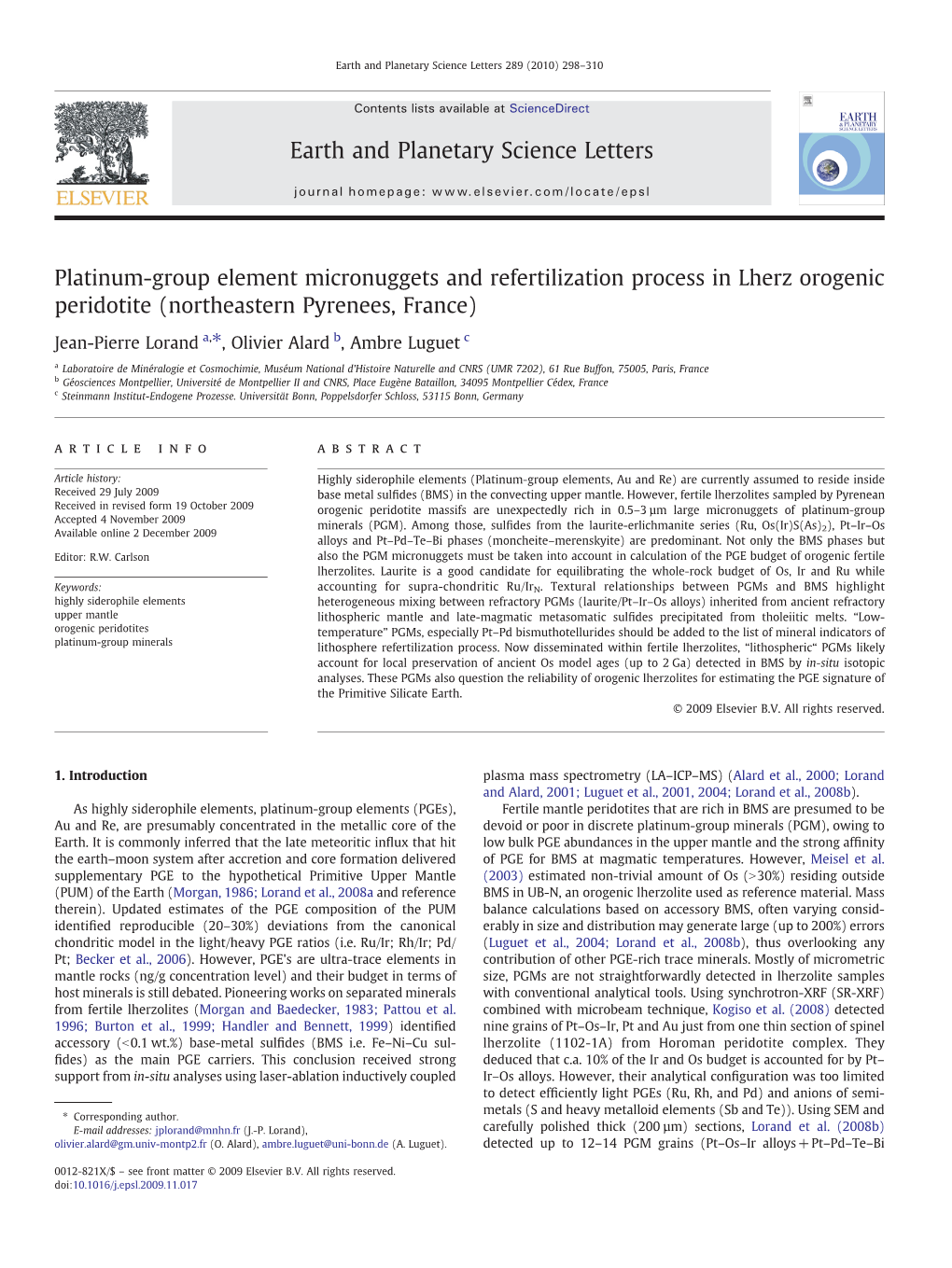 Platinum-Group Element Micronuggets and Refertilization Process in Lherz Orogenic Peridotite (Northeastern Pyrenees, France)