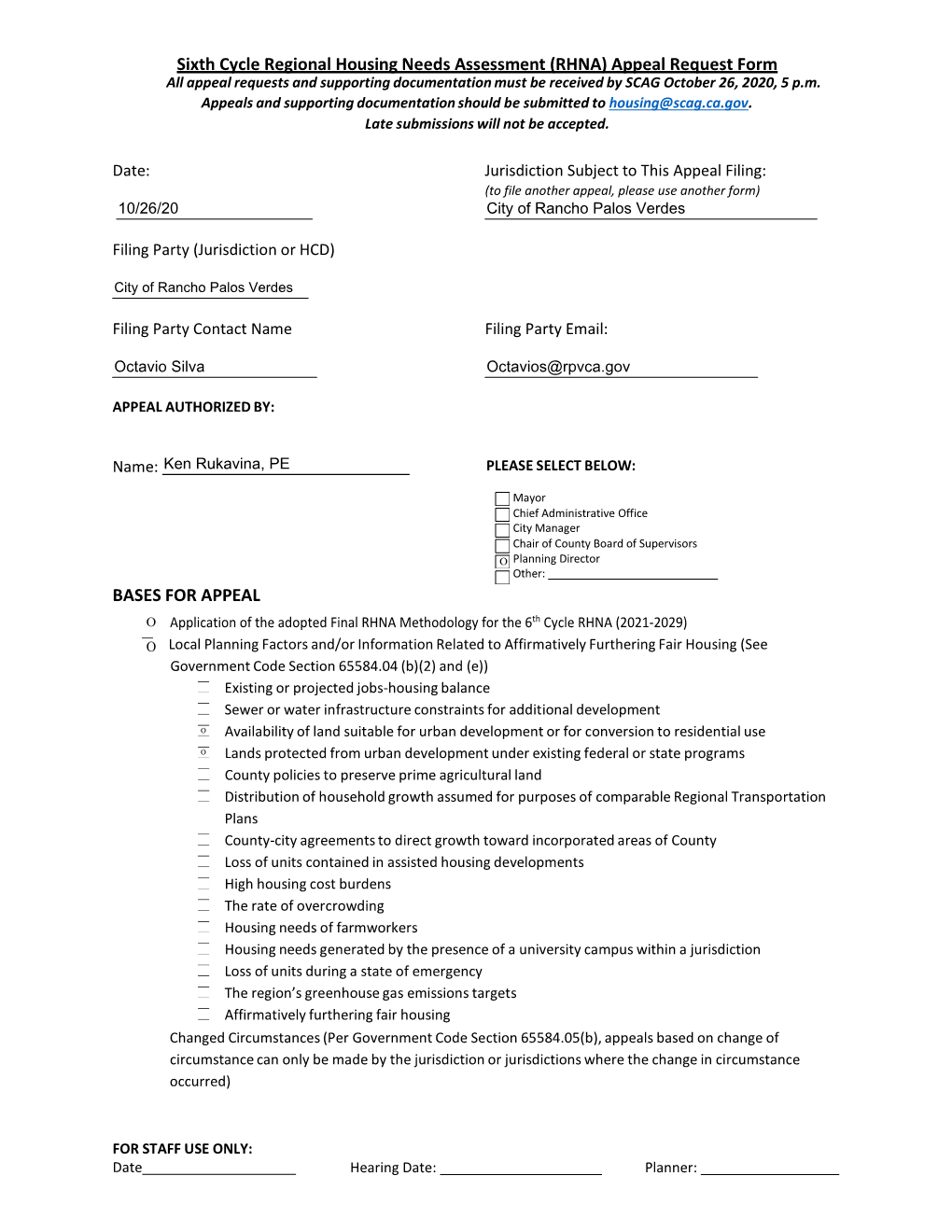 RHNA) Appeal Request Form All Appeal Requests and Supporting Documentation Must Be Received by SCAG October 26, 2020, 5 P.M