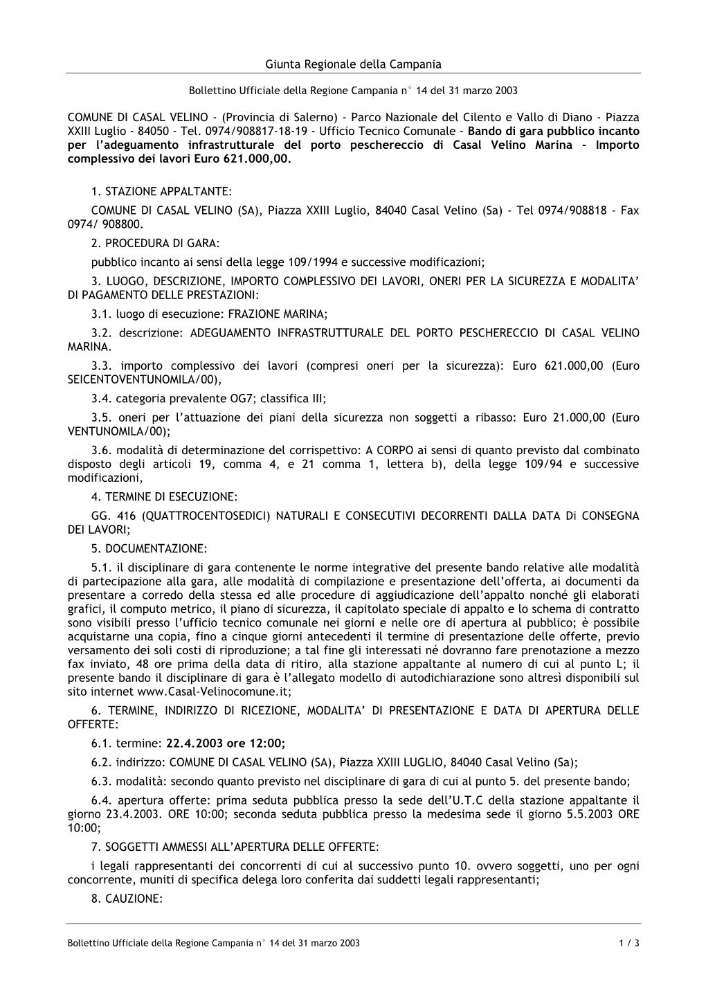 Giunta Regionale Della Campania COMUNE DI CASAL VELINO