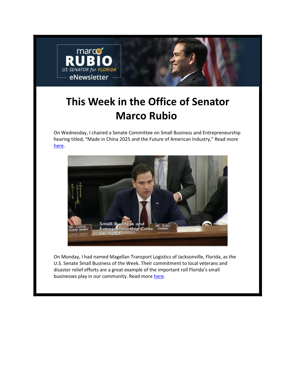 This Week in the Office of Senator Marco Rubio