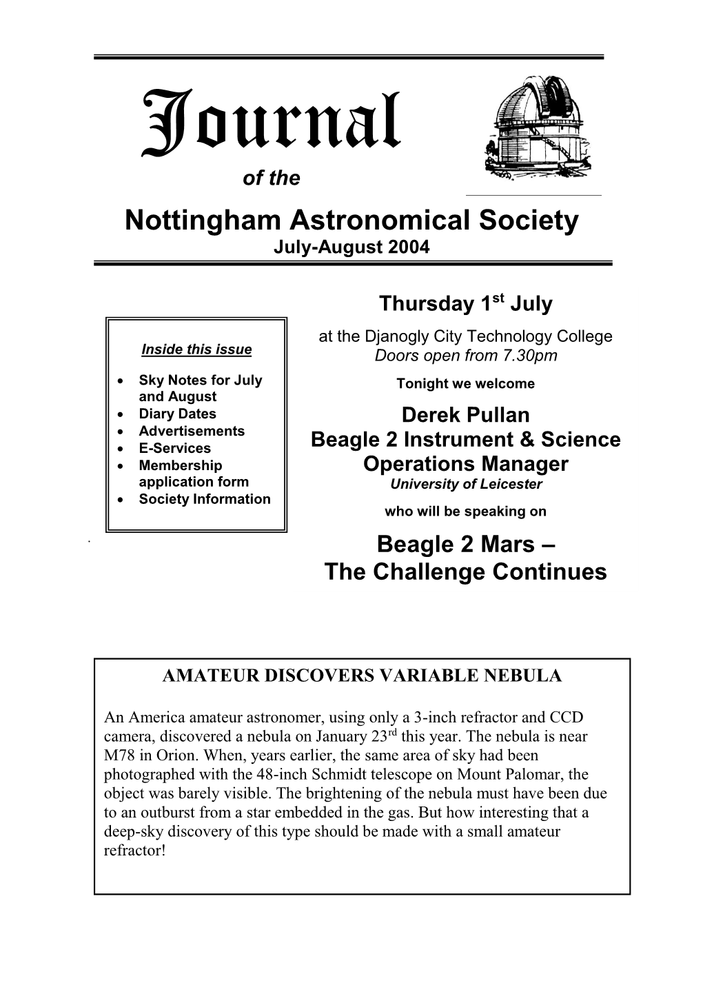 The Nottingham Astronomical Society: E – SERVICES