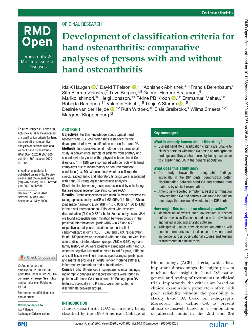 Development of Classification Criteria for Hand Osteoarthritis: Comparative Analyses of Persons with and Without Hand Osteoarthritis