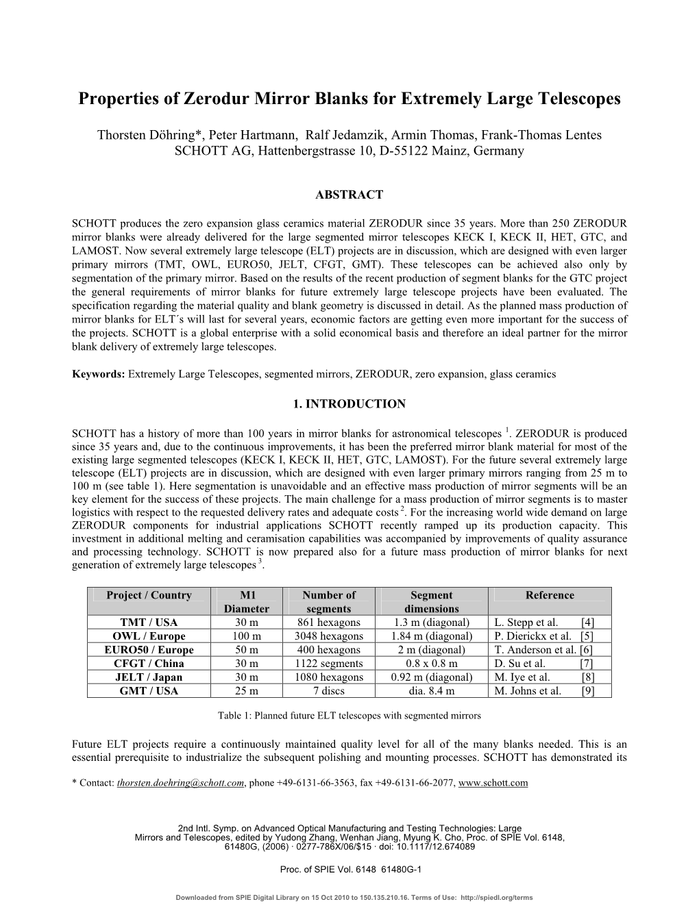 Properties of Zerodur Mirror Blanks for Extremely Large Telescopes