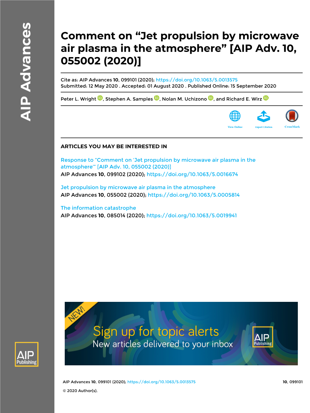 Jet Propulsion by Microwave Air Plasma in the Atmosphere” [AIP Adv