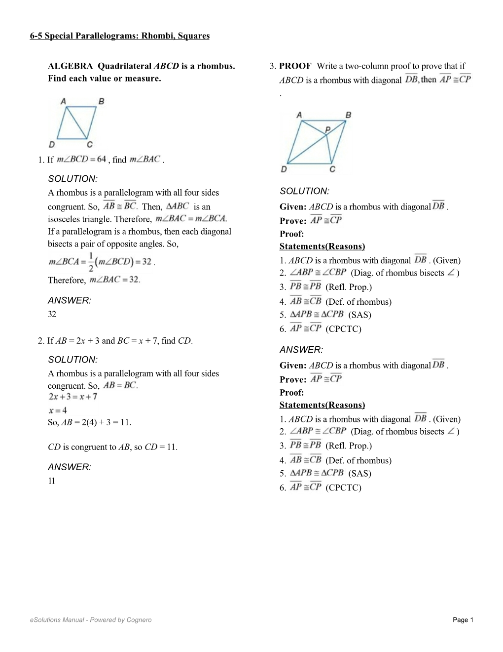 ALGEBRA Quadrilateral ABCD Is a Rhombus. Find Each Value Or Measure. 1. If , Find . SOLUTION