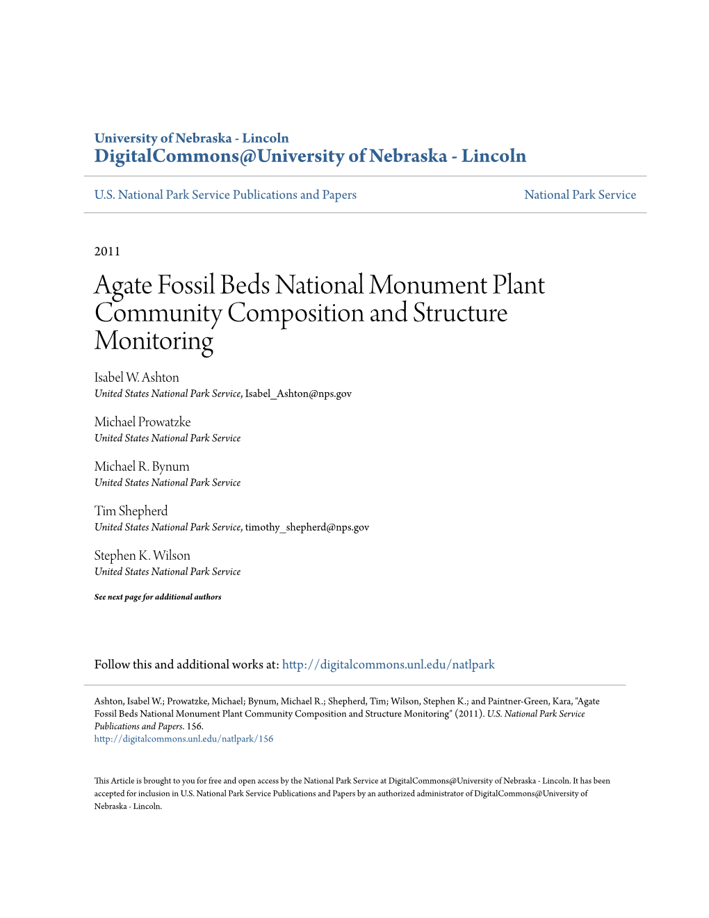Agate Fossil Beds National Monument Plant Community Composition and Structure Monitoring Isabel W