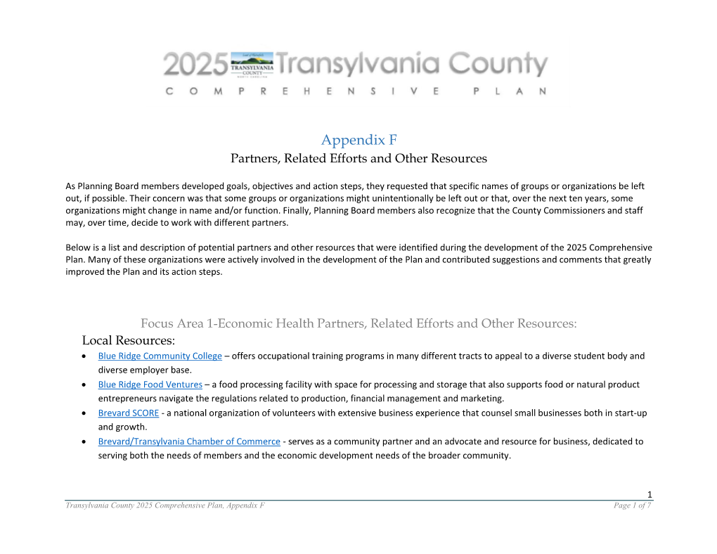 Appendix F: Partners, Related Efforts & Other Resources
