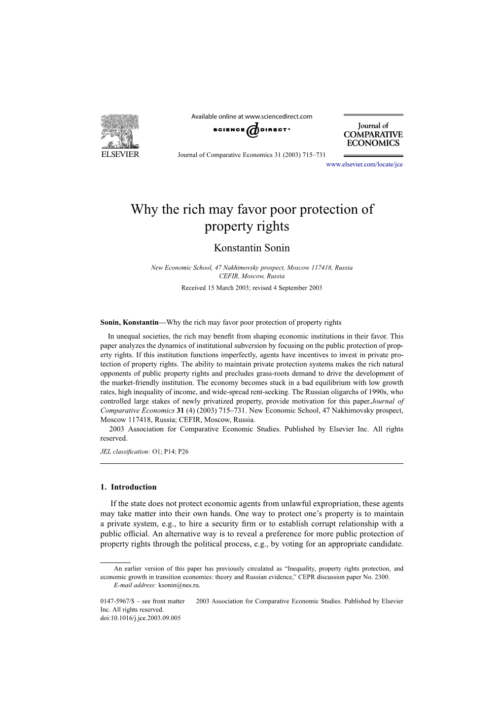 Why the Rich May Favor Poor Protection of Property Rights ✩ Konstantin Sonin