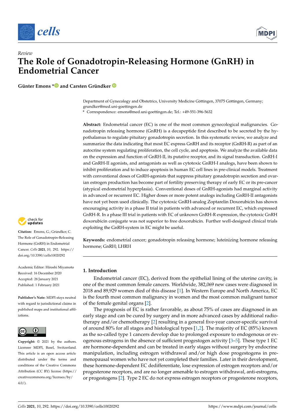 The Role of Gonadotropin-Releasing Hormone (Gnrh) in Endometrial Cancer