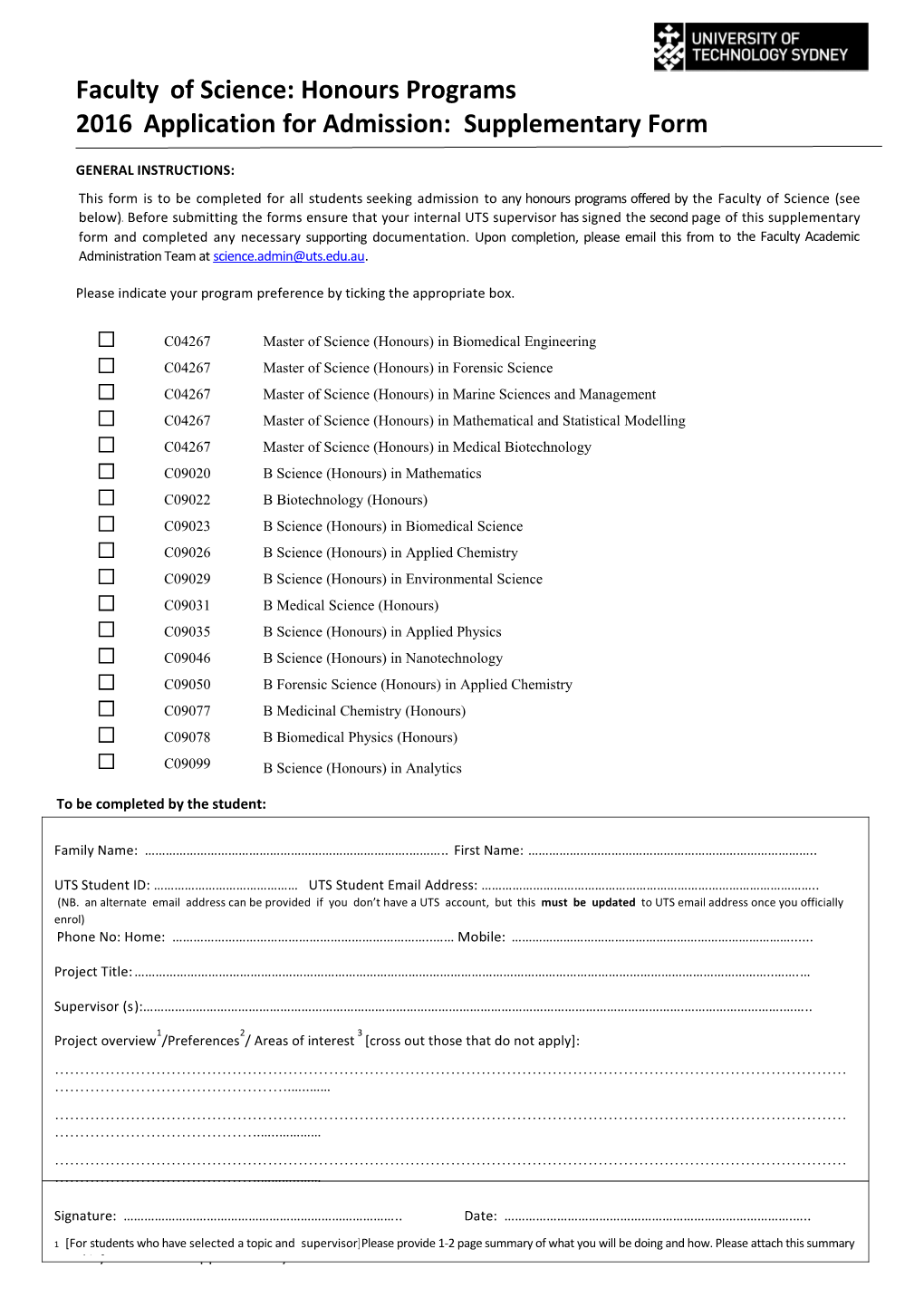 2016 Application Foradmission: Supplementary Form