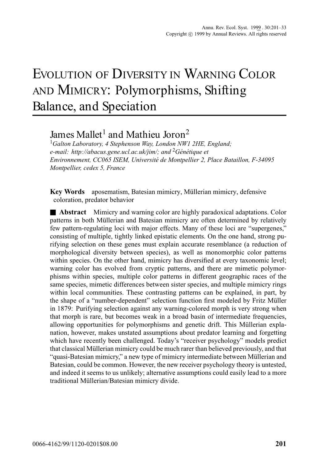 EVOLUTION of DIVERSITY in WARNING COLOR and MIMICRY: Polymorphisms, Shifting Balance, and Speciation