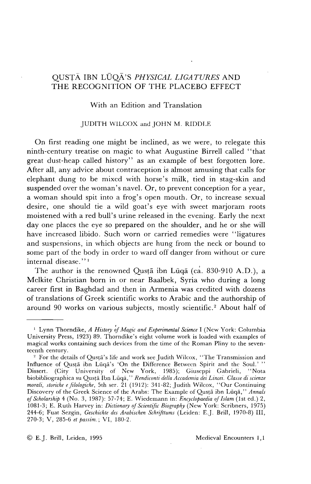 QUST IBN L Q 'S PHYSICAL LIGATURES and the RECOGNITION of the PLACEBO EFFECT with an Edition and Translation JUDITH WILCO