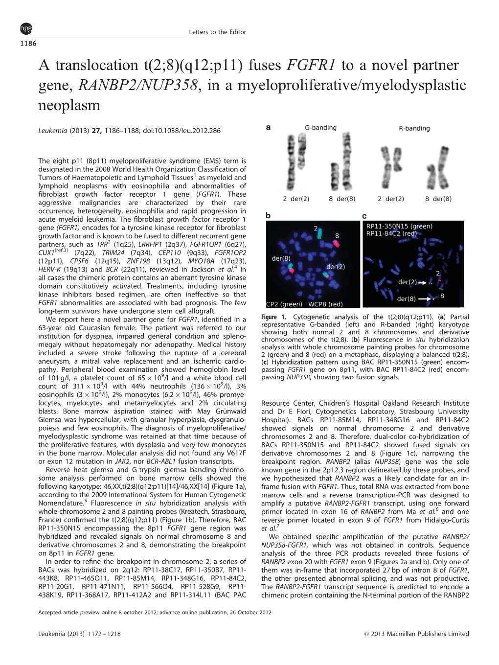 (Q12;P11) Fuses FGFR1 to a Novel Partner Gene, RANBP2&Sol