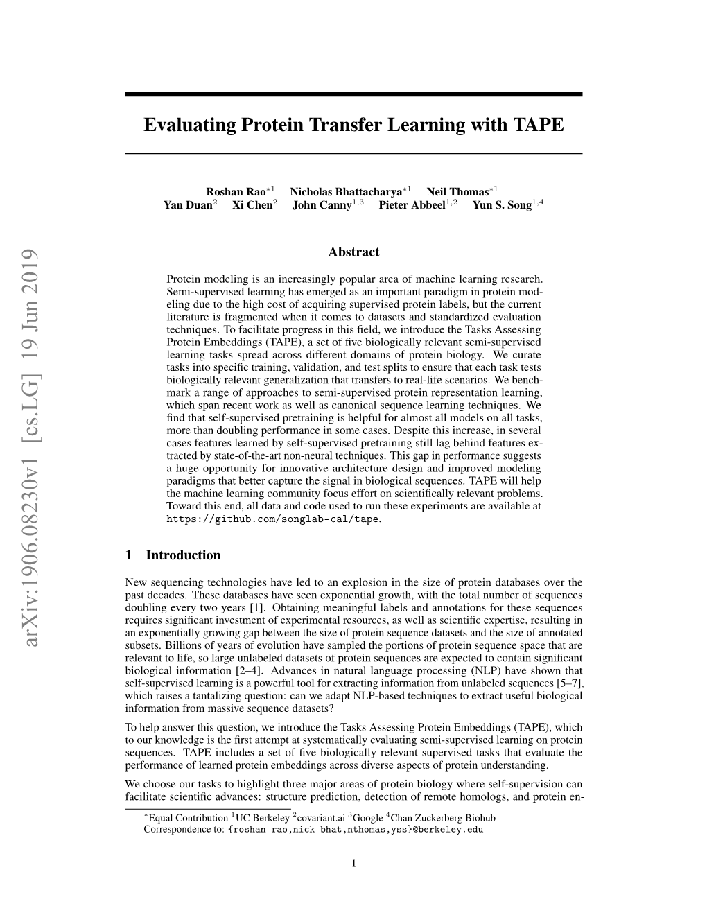 Evaluating Protein Transfer Learning with TAPE