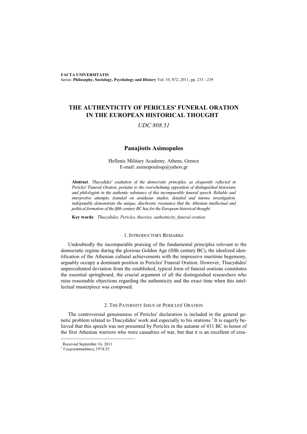 The Authenticity of Pericles' Funeral Oration in the European Historical Thought  Udc 808.51