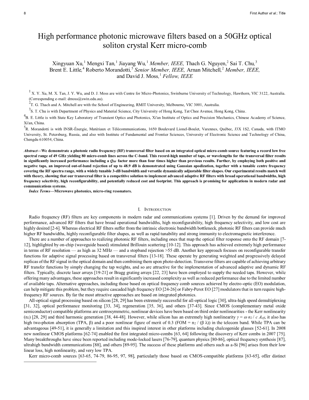 High Performance Photonic Microwave Filters Based on a 50Ghz Optical Soliton Crystal Kerr Micro-Comb