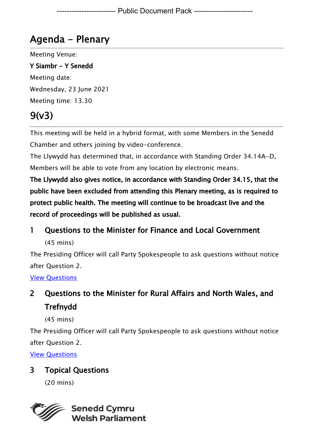 (Public Pack)Agenda Document for Plenary, 23/06/2021 13:30