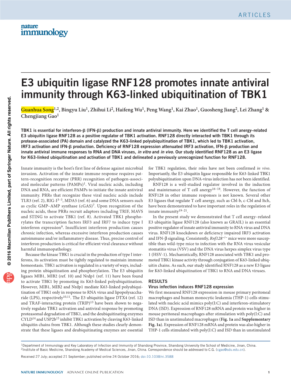 E3 Ubiquitin Ligase RNF128 Promotes Innate Antiviral Immunity Through