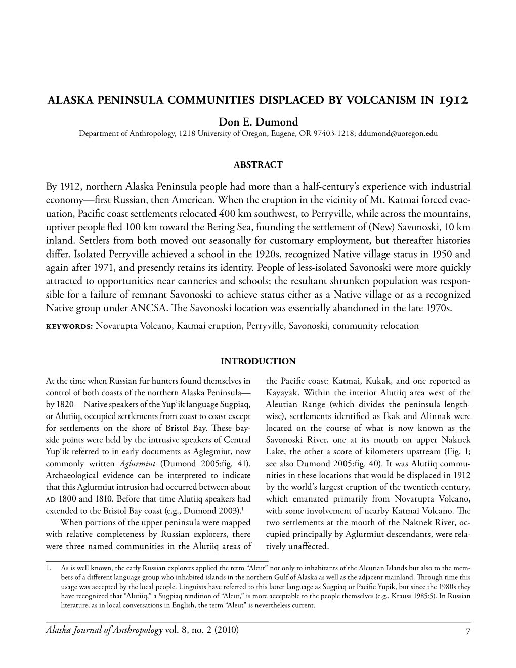 Alaska Peninsula Communities Displaced by Volcanism in 1912 Don E