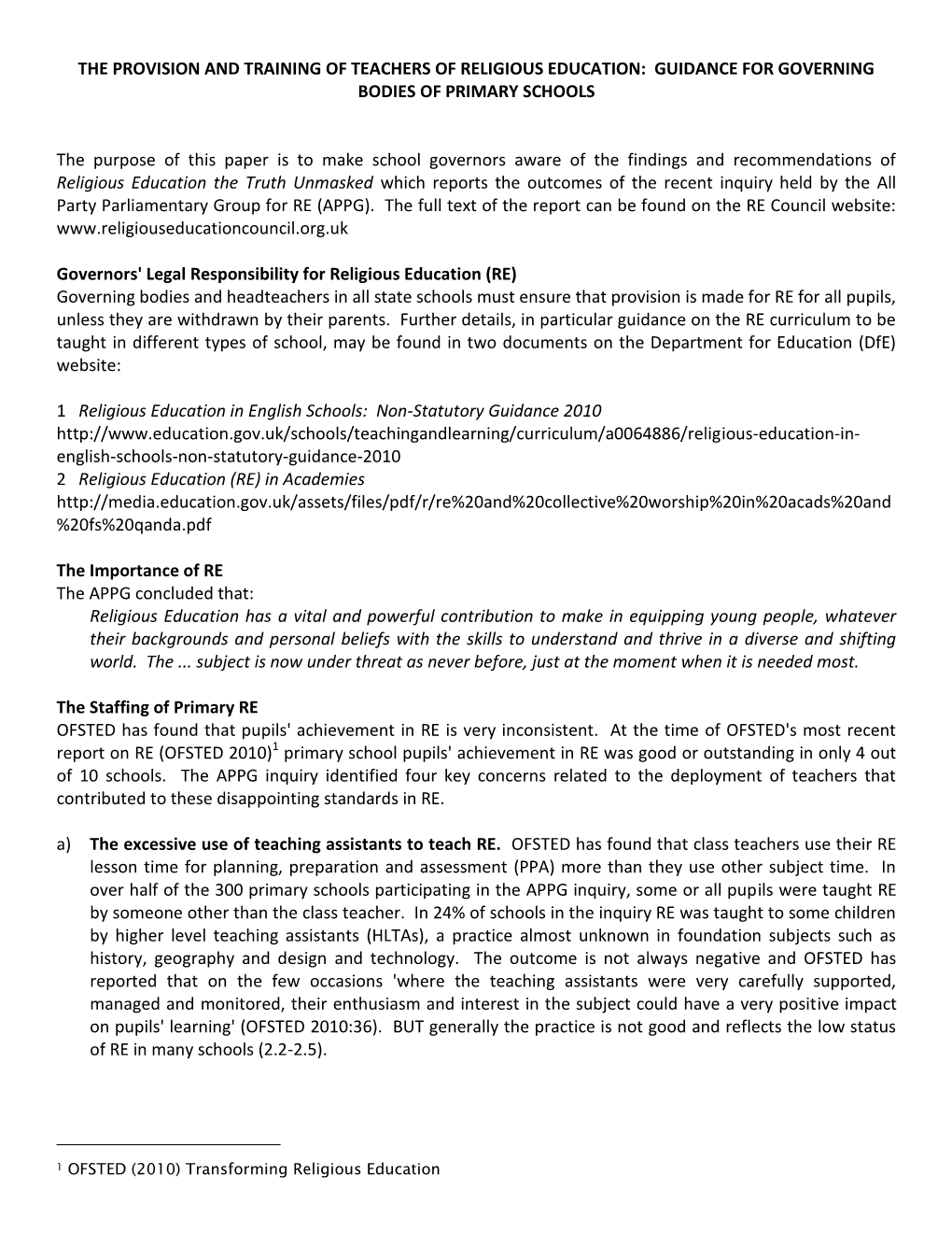 The Provision and Training of Teachers of Religious Education: Guidance for Governing Bodies of Primary Schools