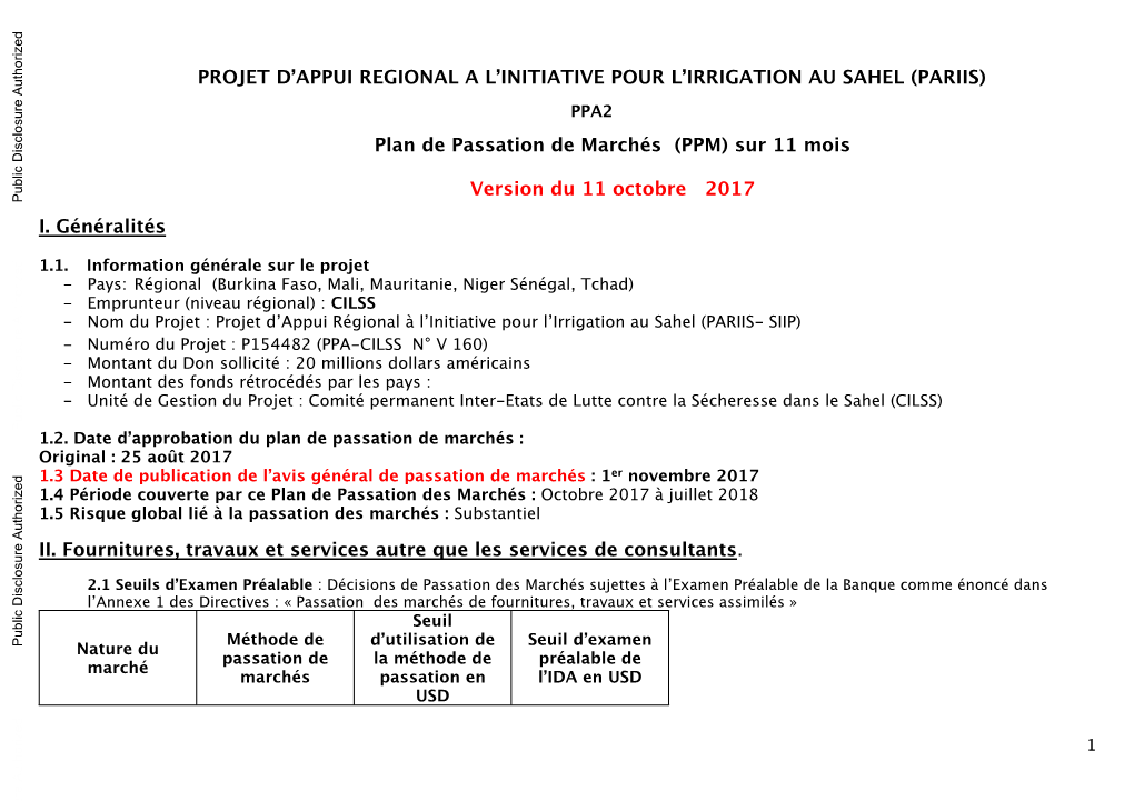 Plan De Passation De Marchés (PPM) Sur 11 Mois