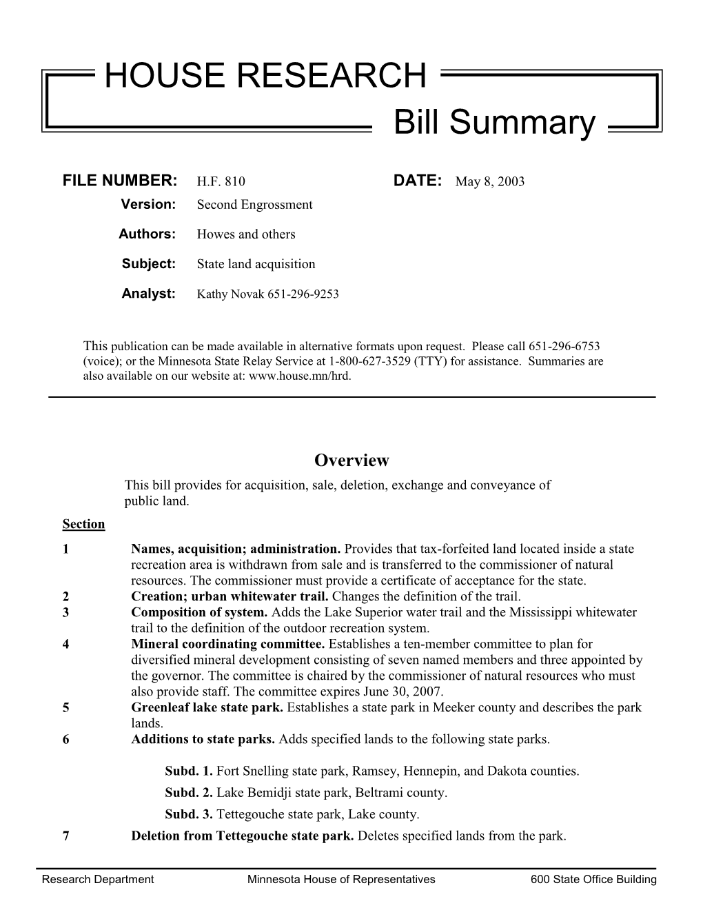 HOUSE RESEARCH Bill Summary