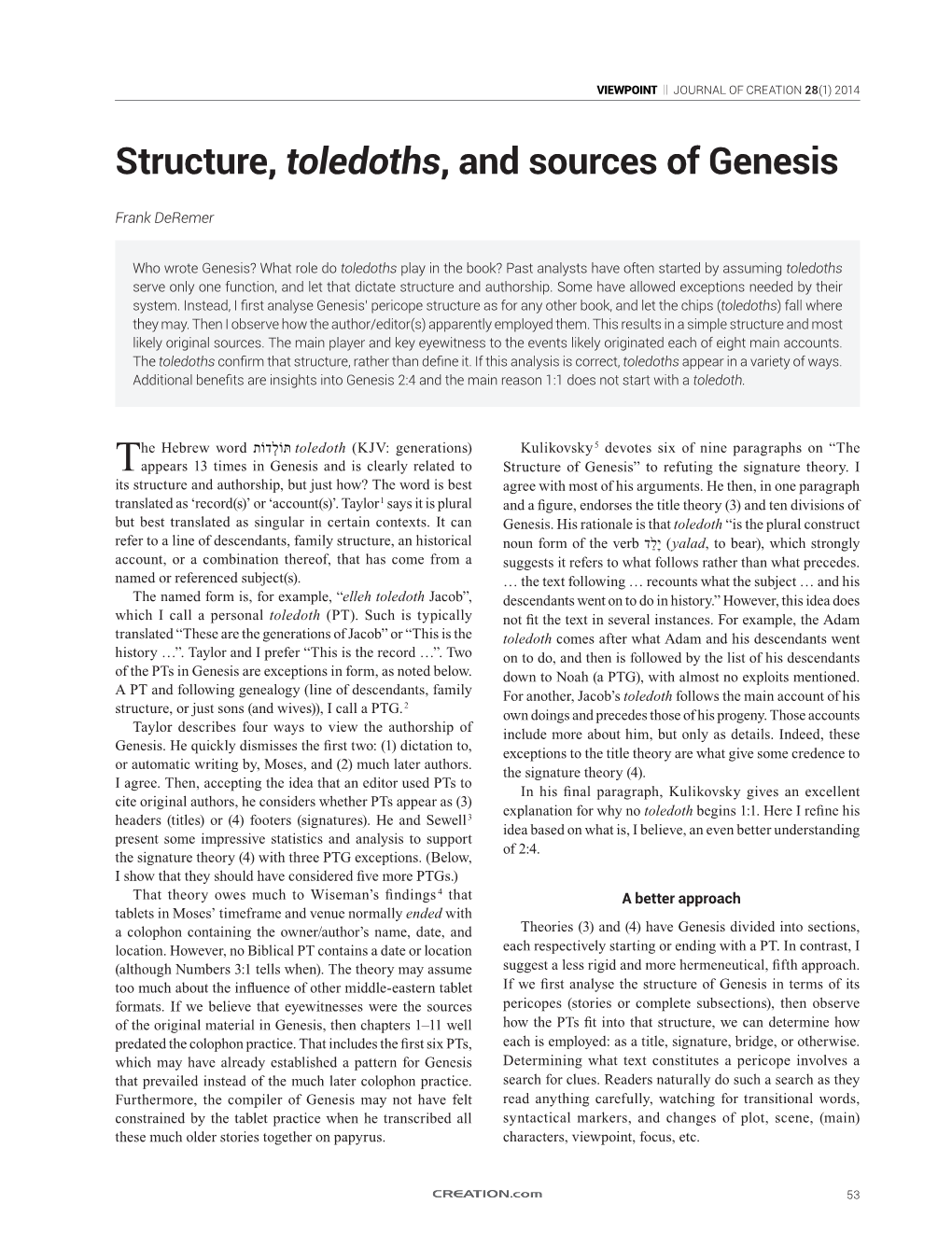 Structure, Toledoths, and Sources of Genesis