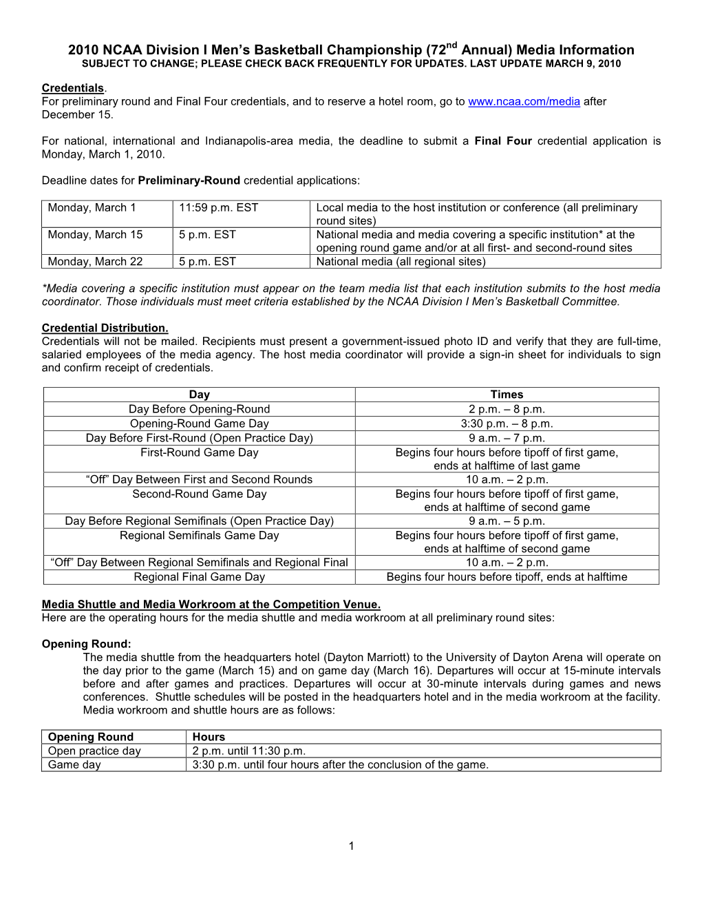 NCAA Tournament Media Information