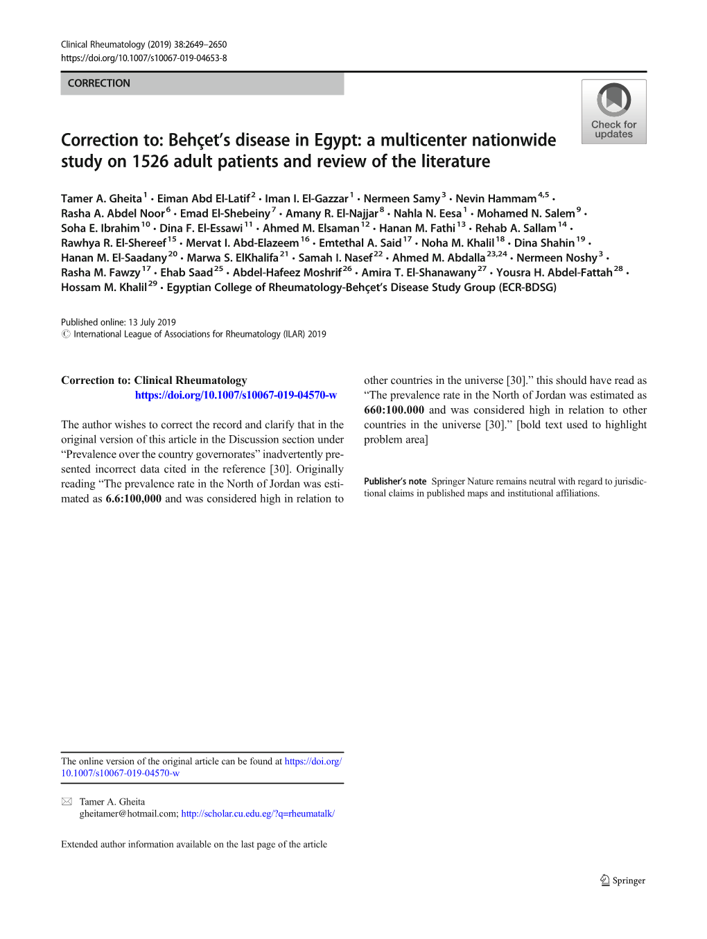 Correction To: Behçet's Disease in Egypt: a Multicenter Nationwide