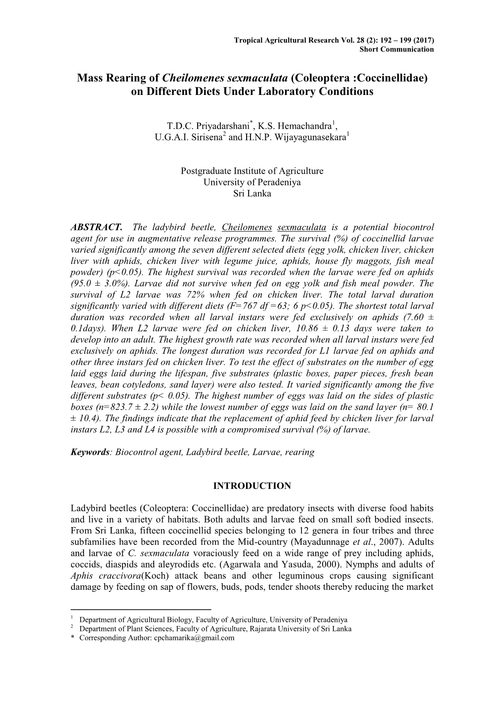 Mass Rearing of Cheilomenes Sexmaculata (Coleoptera :Coccinellidae) on Different Diets Under Laboratory Conditions