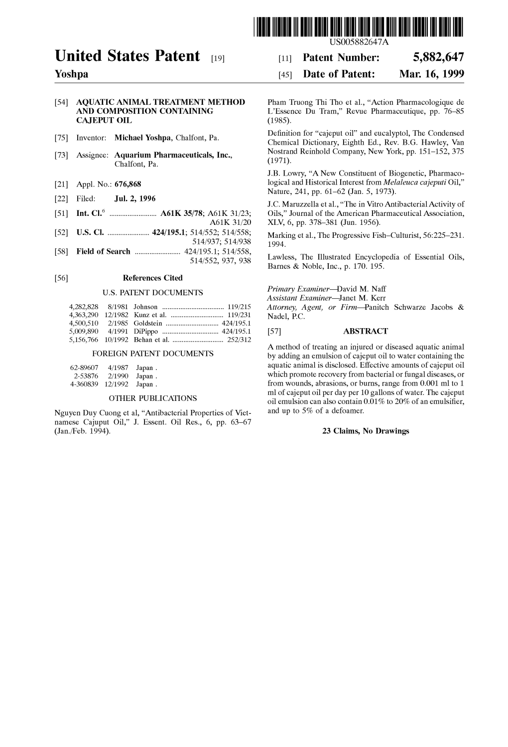 United States Patent (19) 11 Patent Number: 5,882,647 Yoshpa (45) Date of Patent: Mar 16, 1999