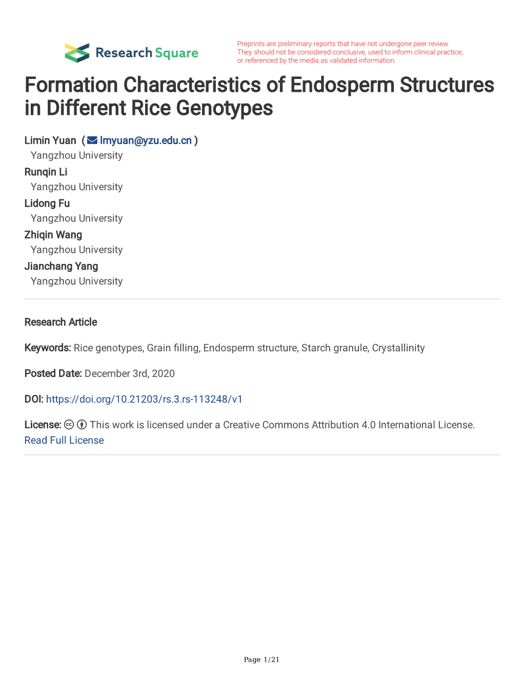 Formation Characteristics of Endosperm Structures in Different Rice Genotypes