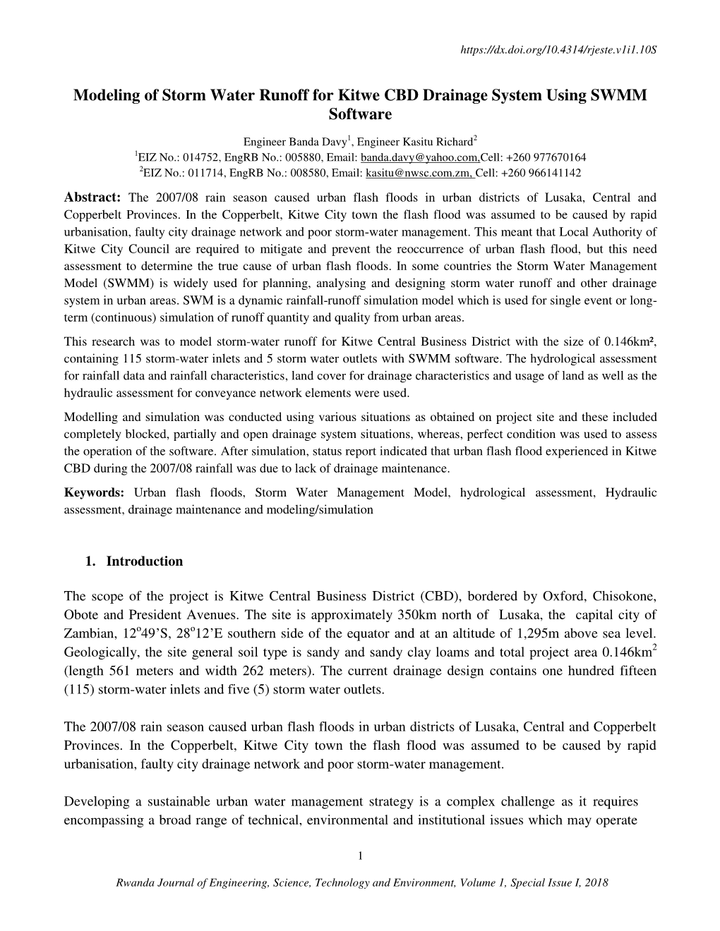 Modeling of Storm Water Runoff for Kitwe CBD Drainage System Using SWMM Software