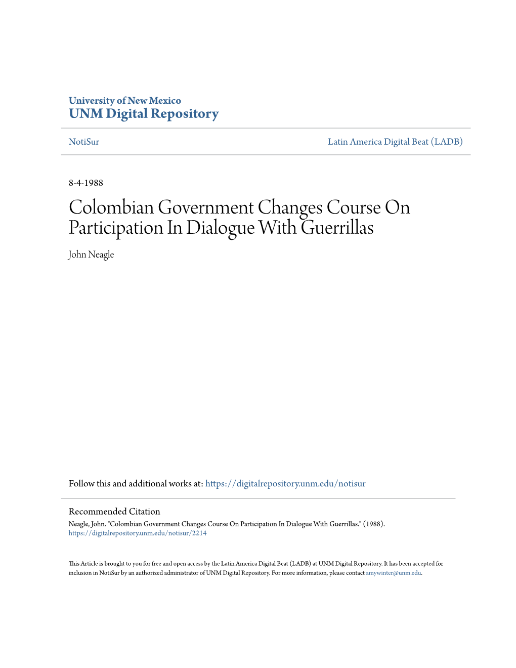 Colombian Government Changes Course on Participation in Dialogue with Guerrillas John Neagle