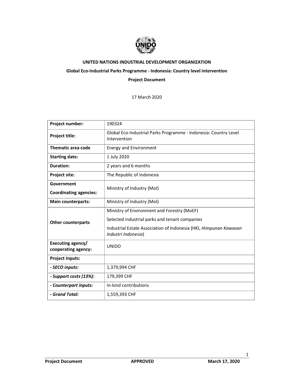 1 Project Document APPROVED March 17, 2020 UNITED NATIONS