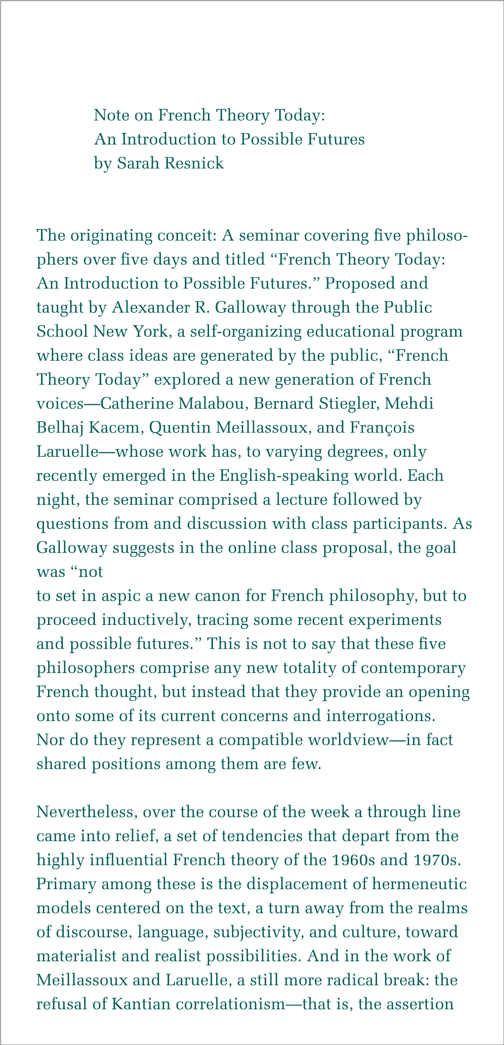 Note on French Theory Today: an Introduction to Possible Futures by Sarah Resnick