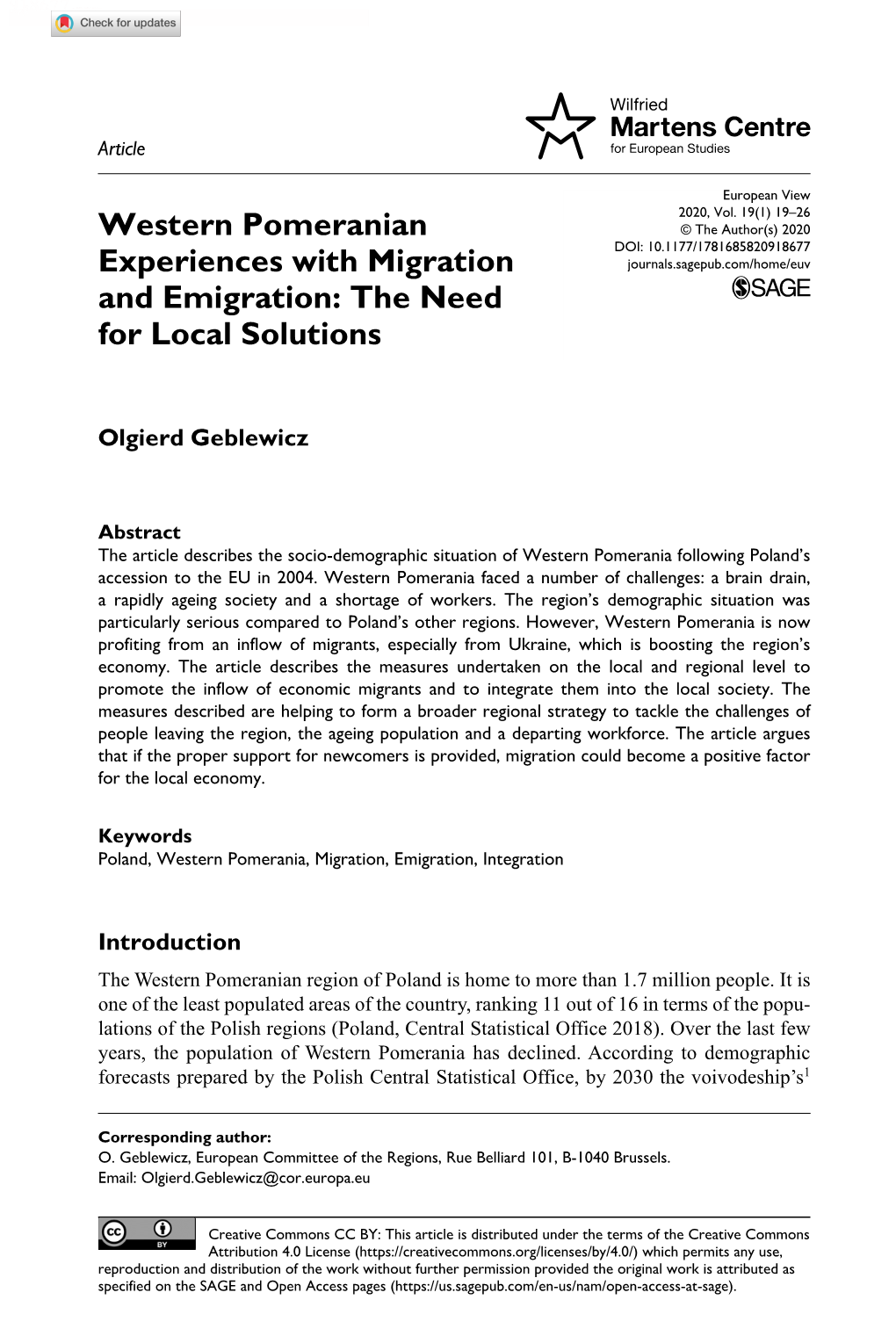 Western Pomeranian Experiences with Migration And