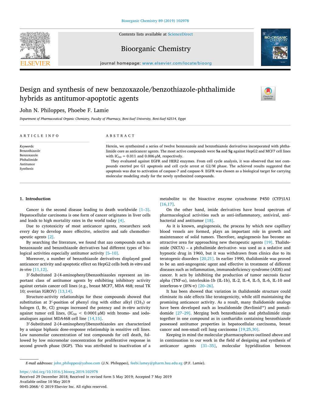 Design and Synthesis of New Benzoxazole/Benzothiazole-Phthalimide T Hybrids As Antitumor-Apoptotic Agents John N