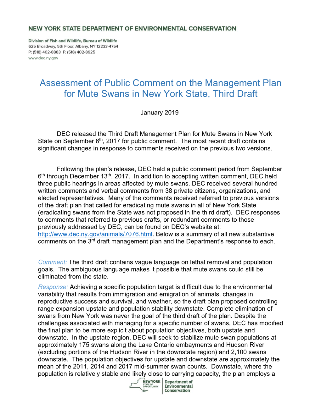 Assessment of Public Comments on the 3Rd Draft Mute Swan