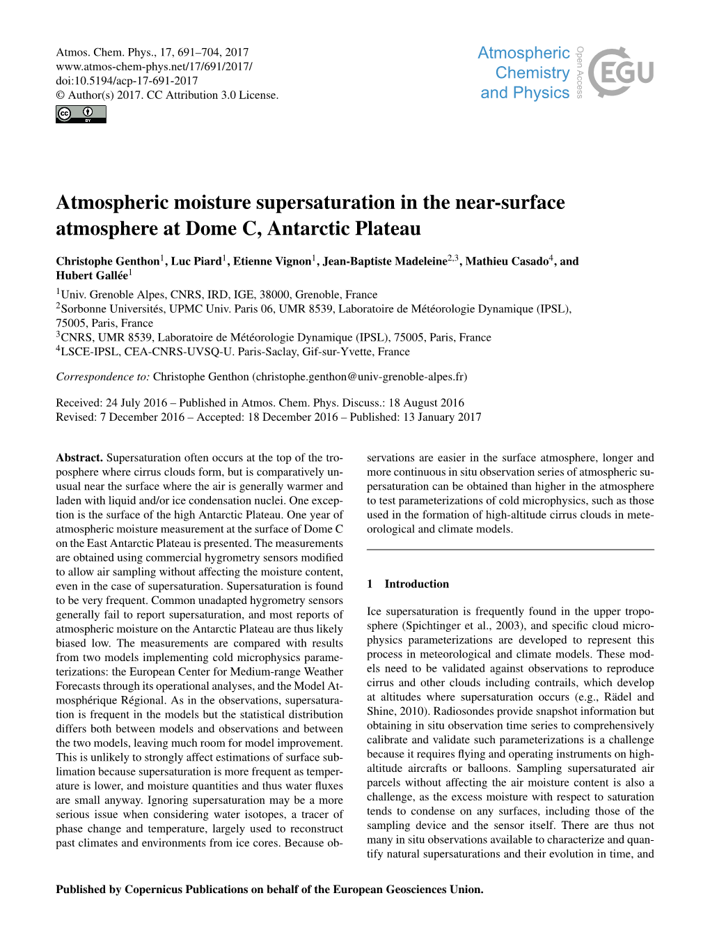 Atmospheric Moisture Supersaturation in the Near-Surface Atmosphere at Dome C, Antarctic Plateau