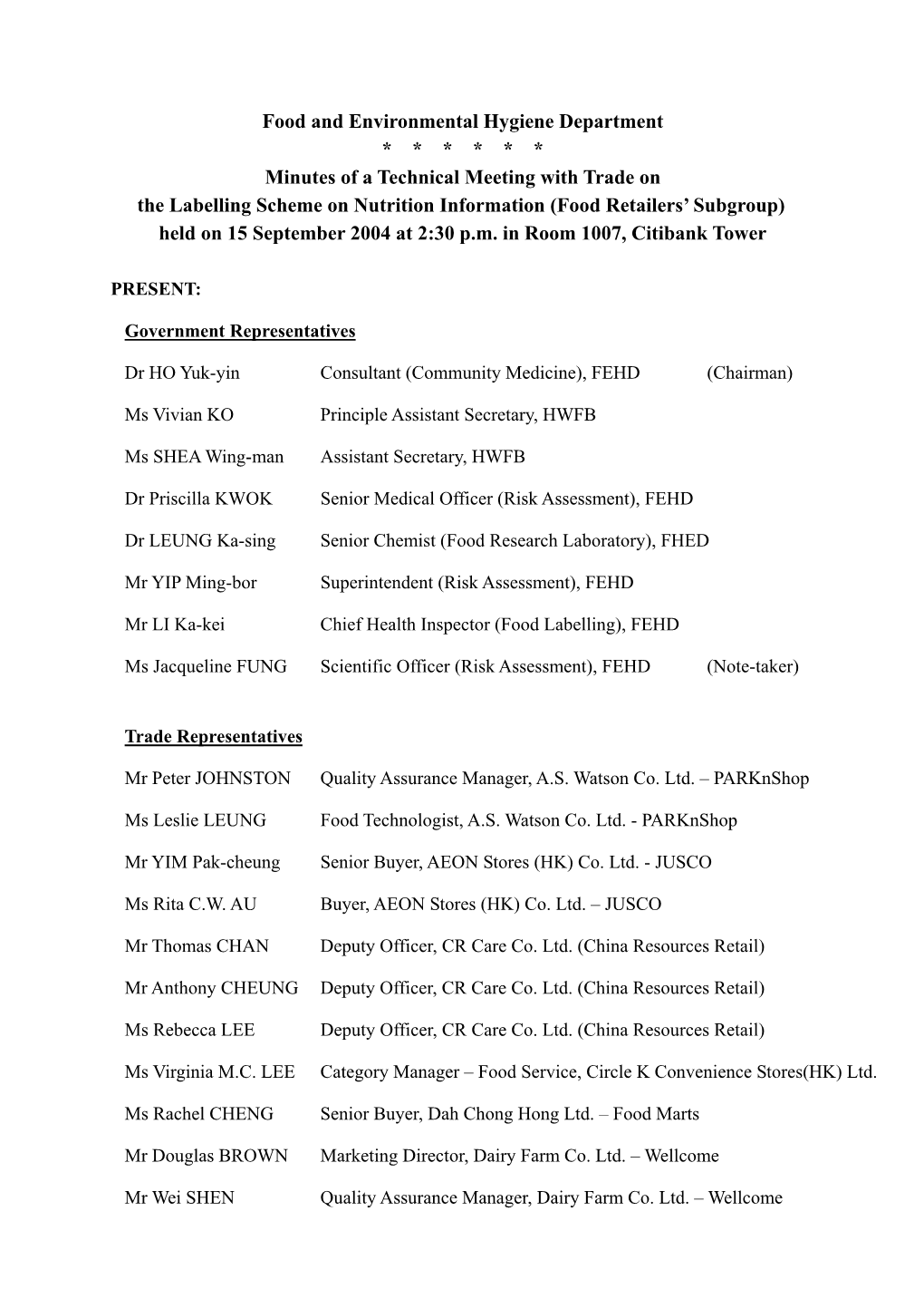 Minutes of a Technical Meeting with Trade on the Labelling Scheme on Nutrition Information (Food Retailers’ Subgroup) Held on 15 September 2004 at 2:30 P.M