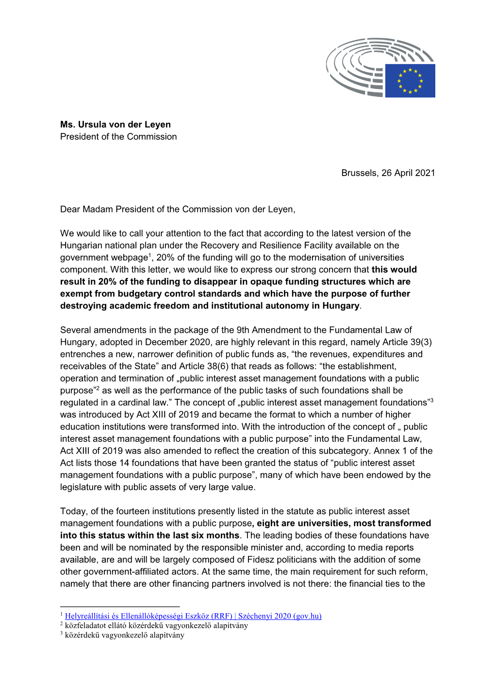 Letter to Von Der Leyen